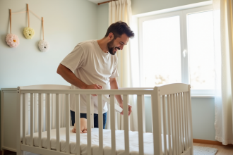 Père heureux assemble un lit bébé dans une nurserie lumineuse