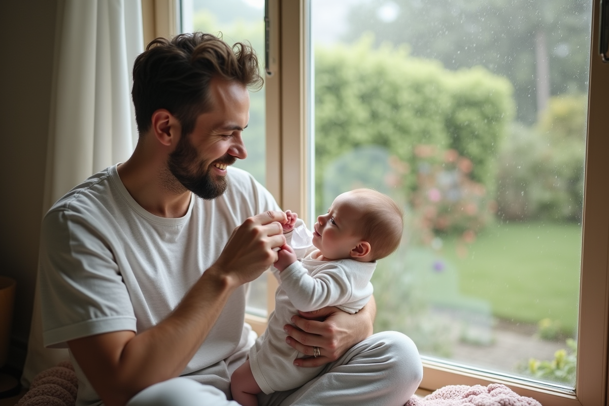 Père tenant sa fille dans une nurserie en regardant la pluie