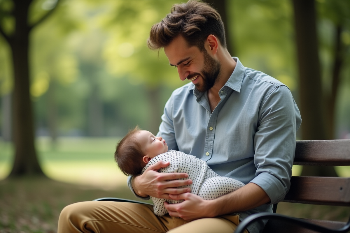 Papa enveloppant sa fille dans un wrap en extérieur dans un parc
