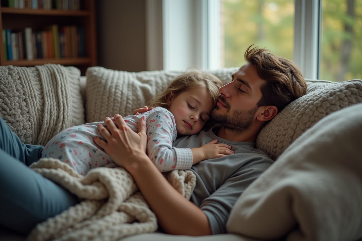 Père et fille endormis sur le canapé dans le salon