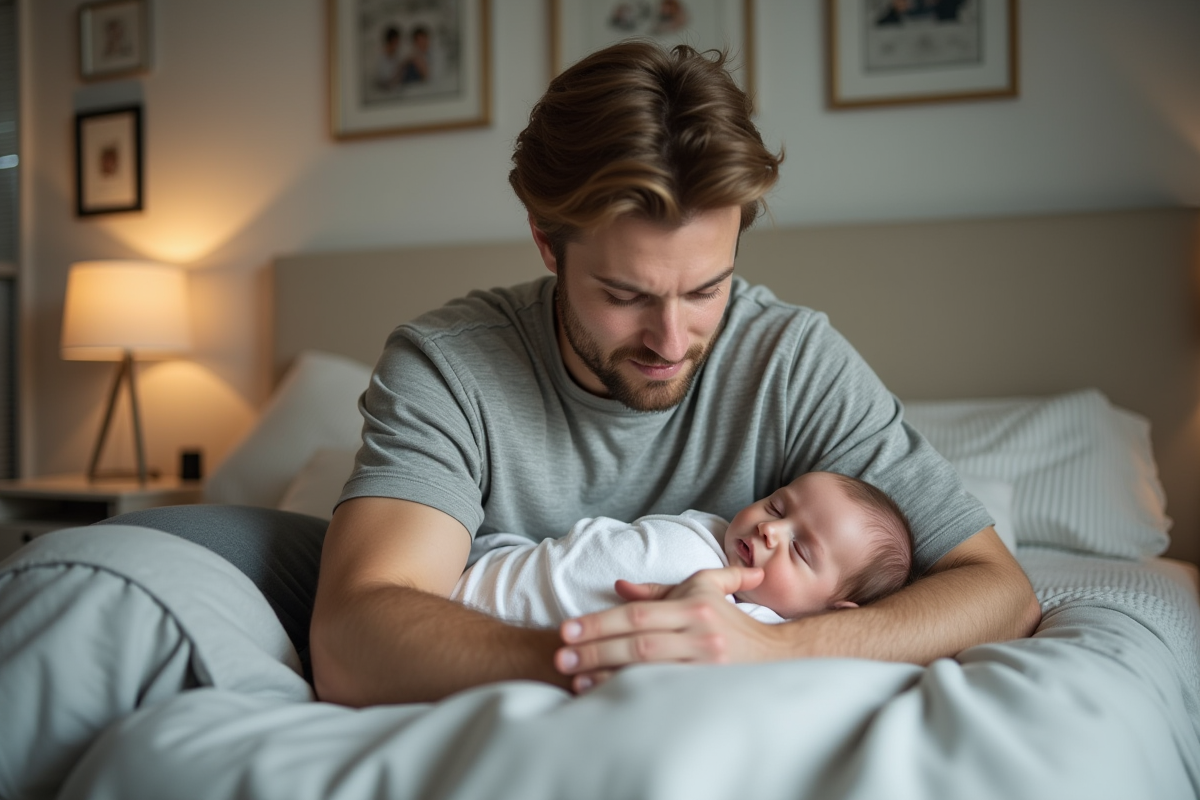 Père rassurant son bébé dans un lit à la maison