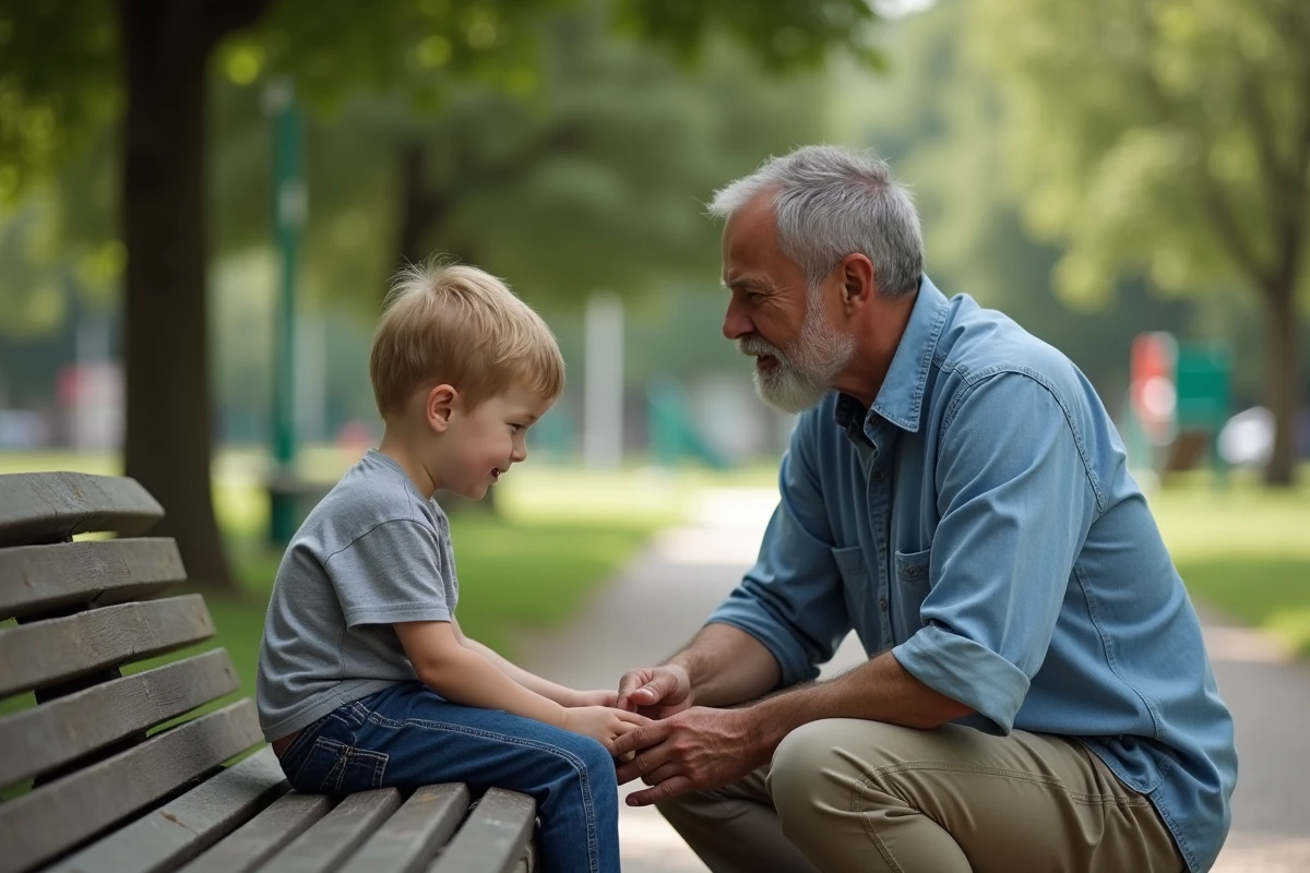 Pere et fils parlent assis sur un banc dans un parc