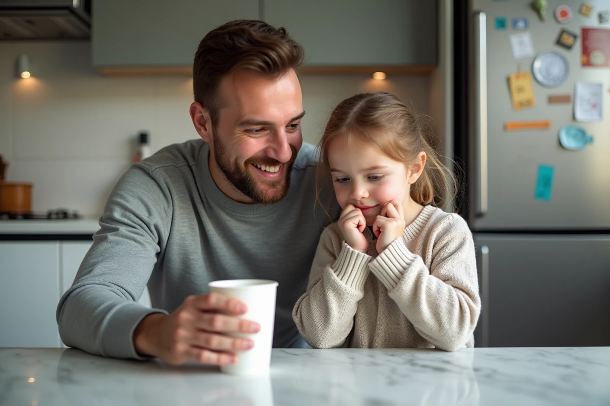 Père et fille découvrant un prank dans la cuisine lumineuse