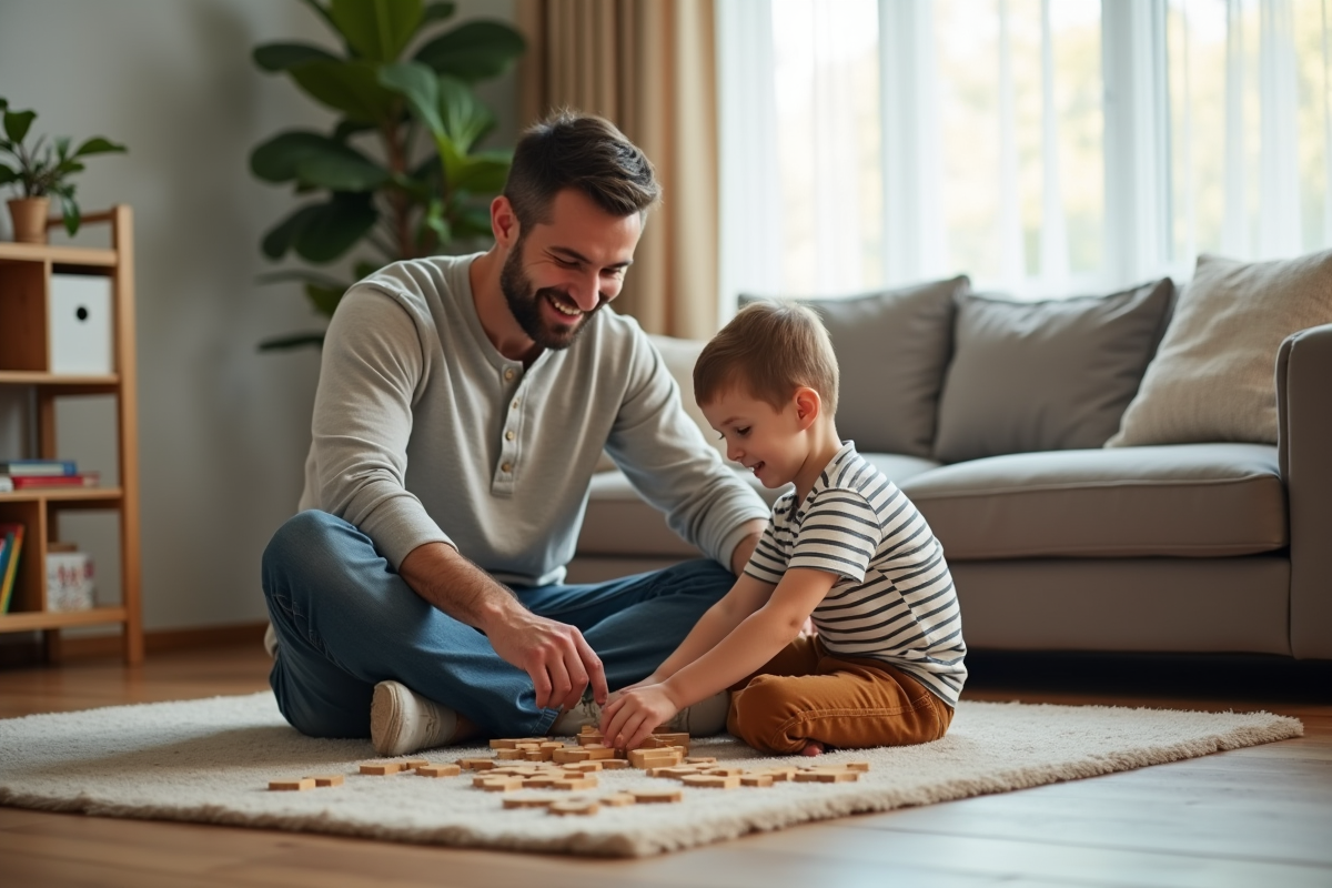 Père et enfant jouant avec un puzzle en famille dans le salon