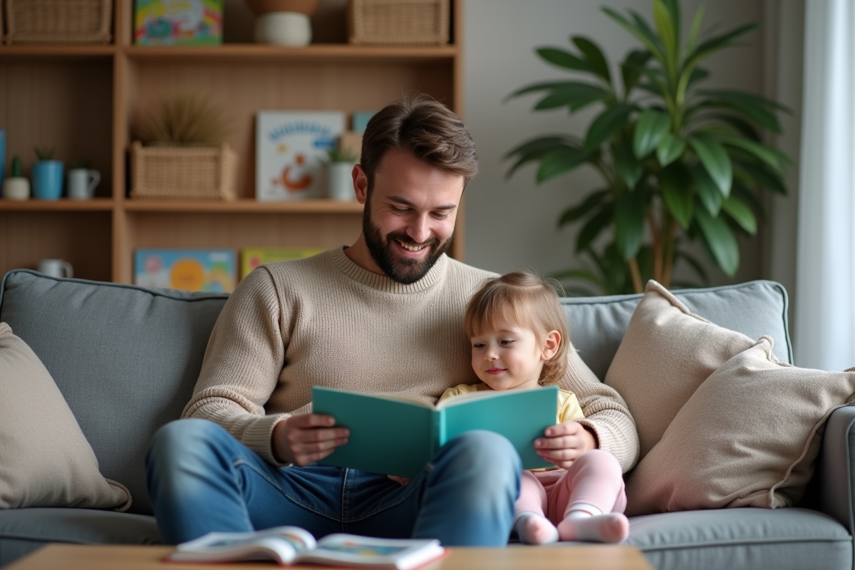 Père lisant un livre à sa fille sur un canapé confortable