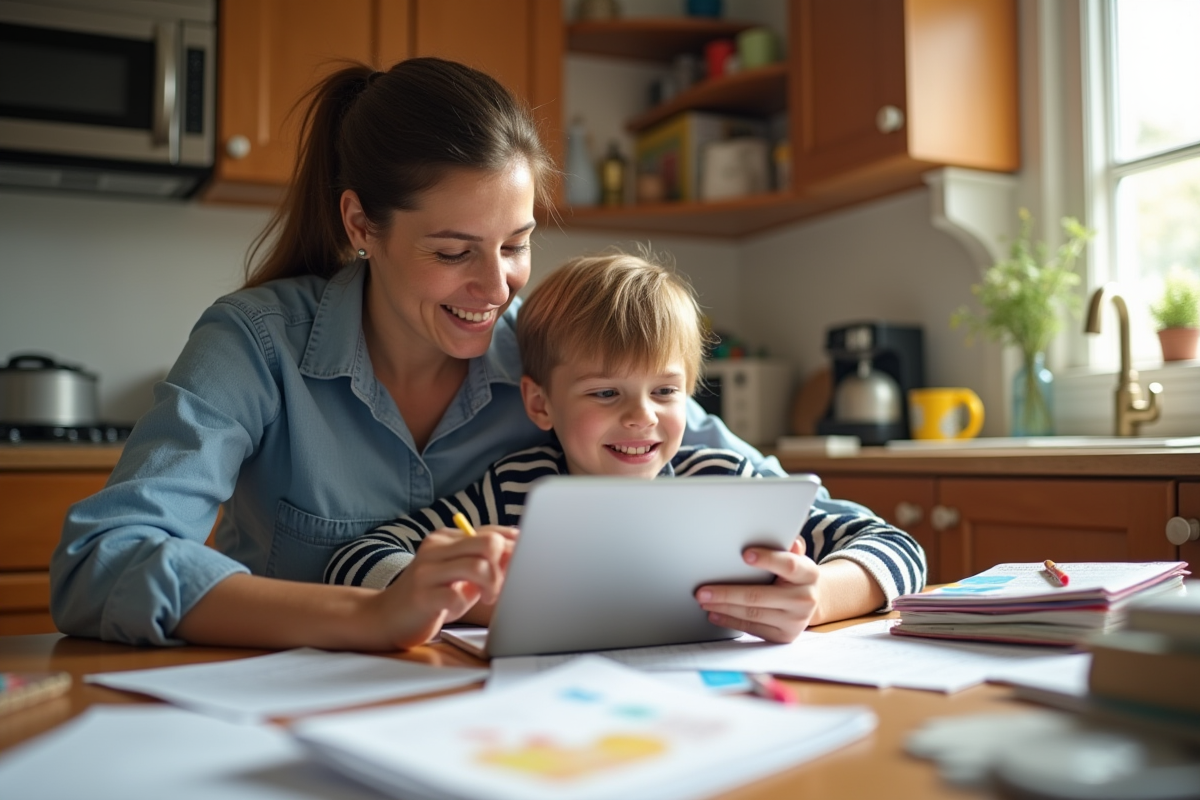 Parent et enfant collaborant sur devoirs en ligne à la maison
