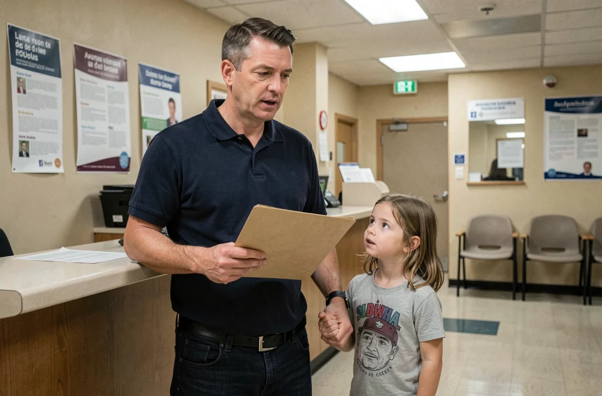 Père isolé avec sa fille déposant un dossier dans un bureau des services sociaux