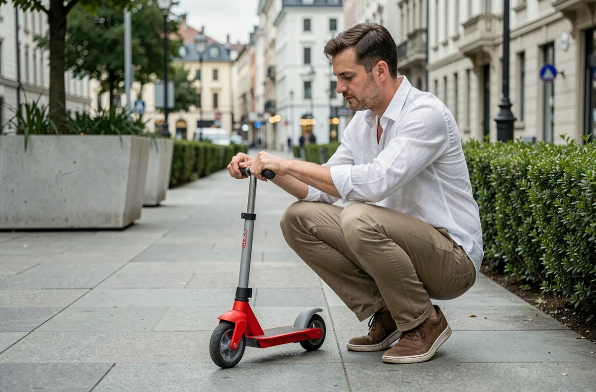 Parent réglant le guidon d'un scooter électrique bébé rouge sur un chemin piéton urbain
