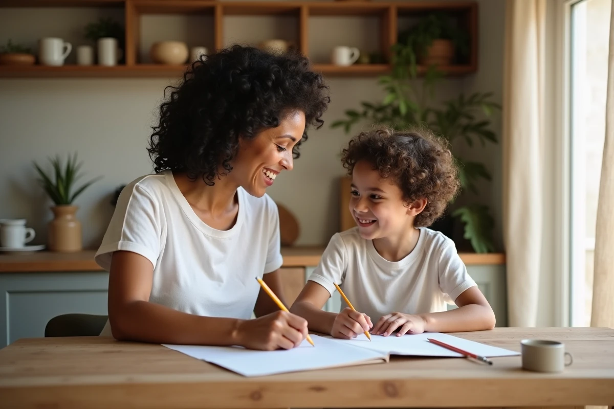 Mère et fils partagent un moment créatif à la table de la cuisine, incarnant une parentalité douce et sans cris