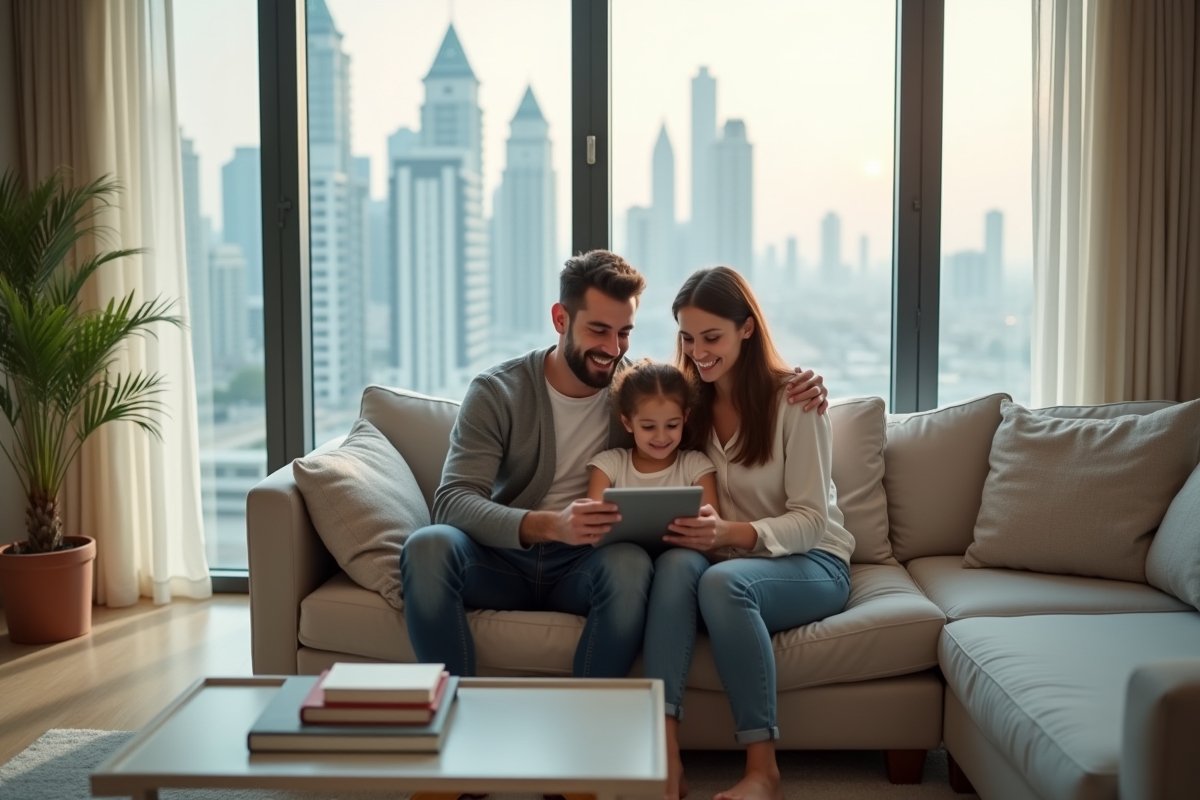 Jeune couple avec fille discutant dans un salon lumineux