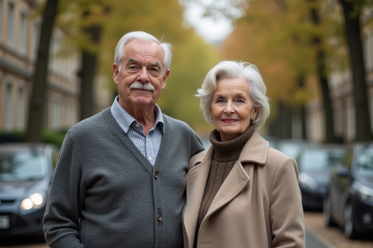 Couple de seniors debout dans une rue résidentielle calme, symbolisant la discrétion et le respect de la vie privée des familles de personnalités publiques