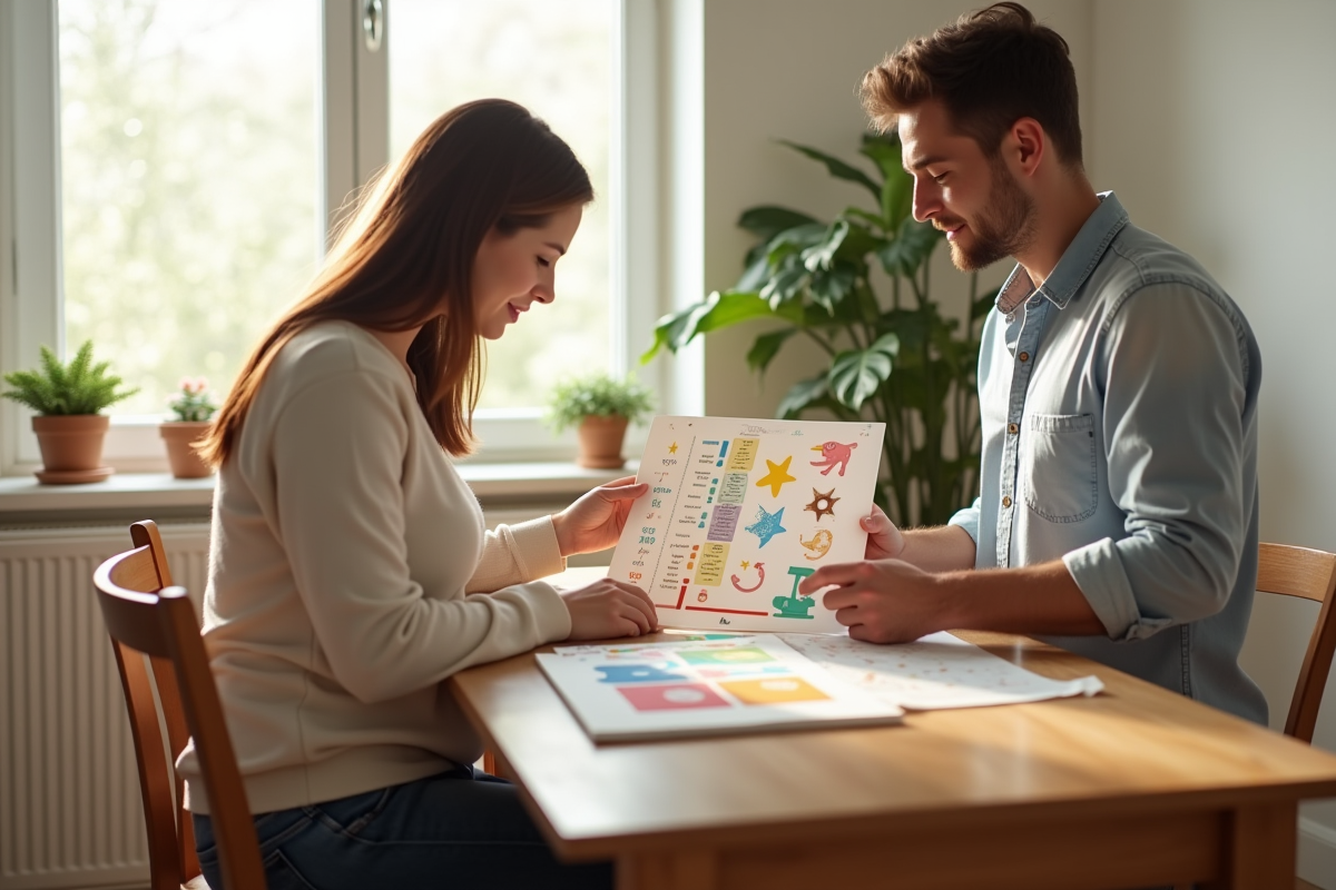 Parents regardant un tableau de croissance bébé
