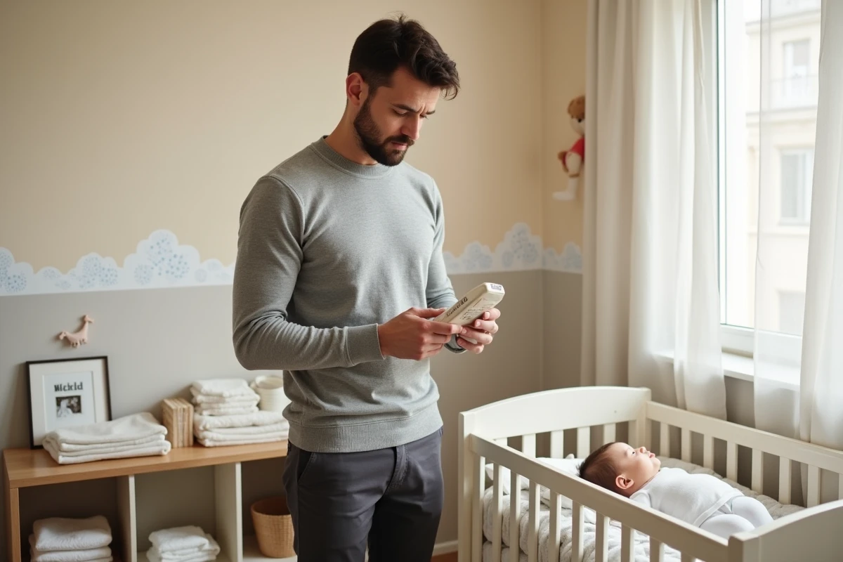 Père attentionné lisant l'étiquette d'un produit de soin bébé dans une chambre de nourrisson moderne et organisée