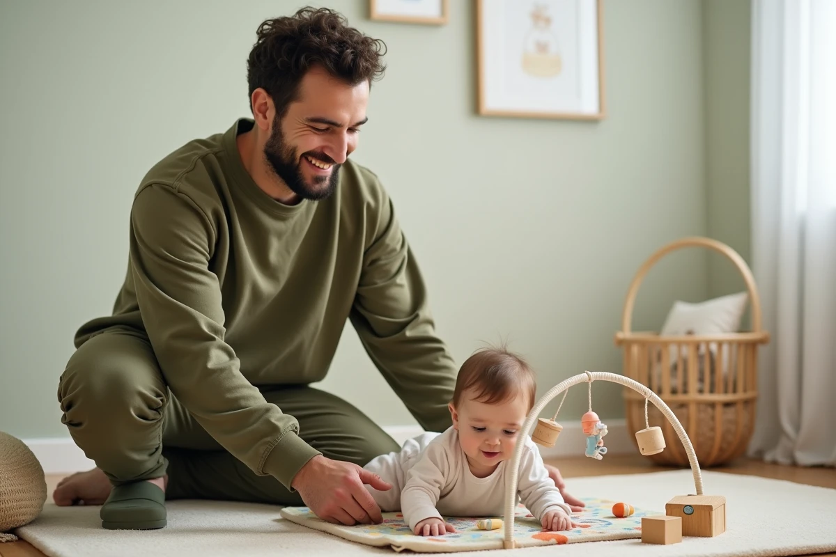 Père en congé paternité jouant avec son bébé sur un tapis d'éveil dans la chambre de l'enfant