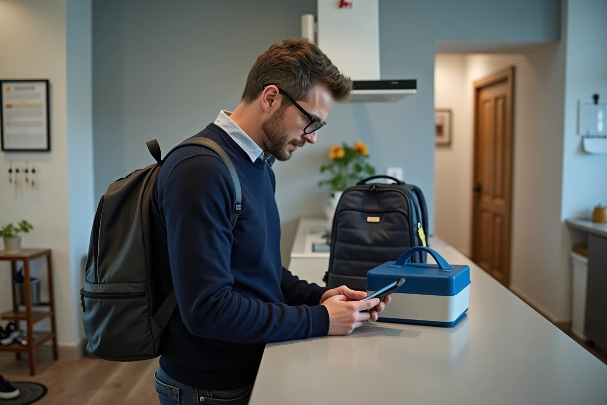 Père de famille consultant le portail famille Meudon sur smartphone avant le départ à l'école