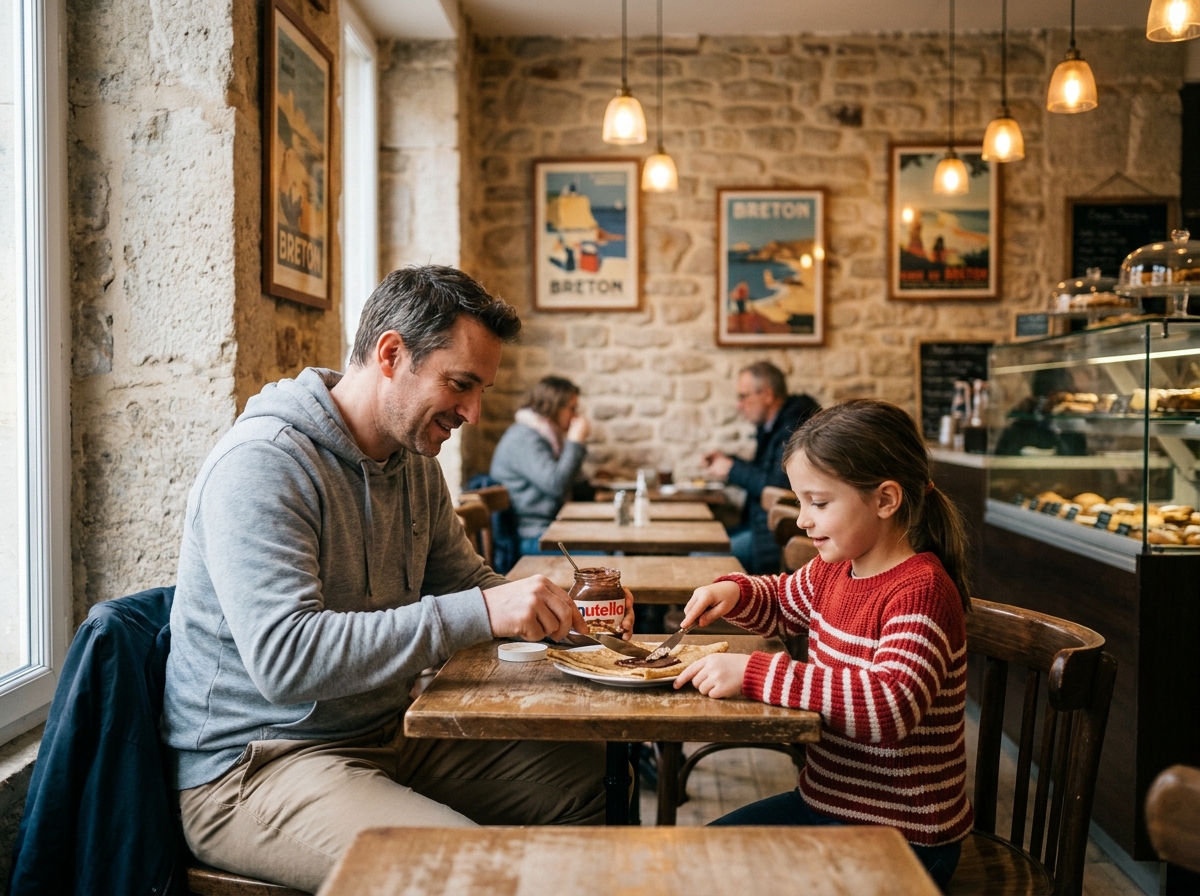 Père et fille dégustant des crêpes dans une crêperie parisienne pendant les vacances scolaires