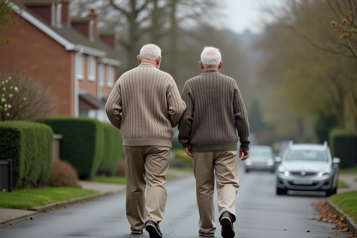 Pere et fils marchant dans une rue de banlieue au printemps