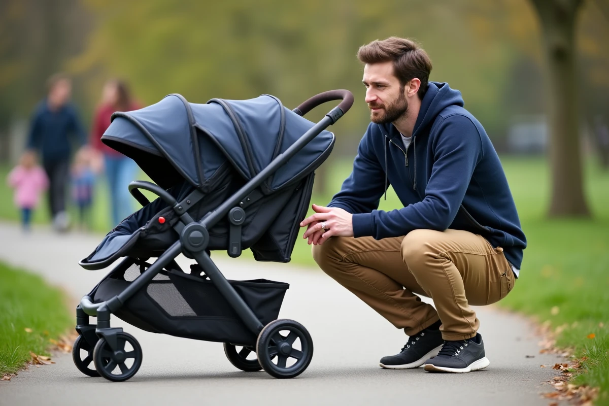 Père inspectant le mécanisme de pliage d'une triple poussette tandem dans un parc, conseil achat poussette pas chère et fiable