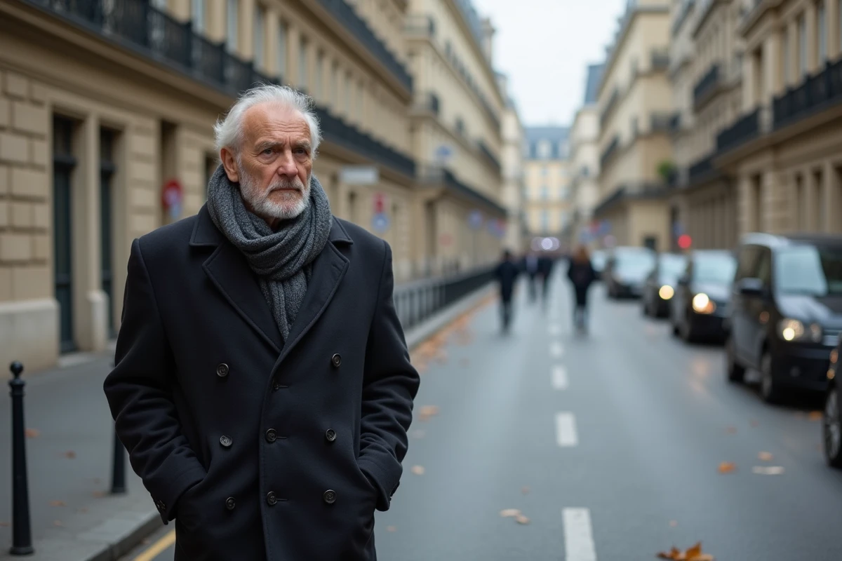 Homme en manteau sombre marchant seul sur un boulevard haussmannien parisien en automne, illustrant l'influence discrète d'une personnalité publique