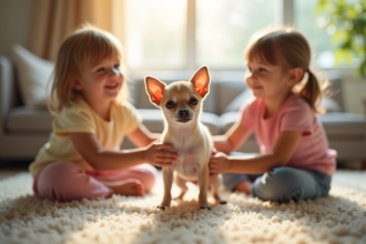 Chihuahua petit et expressif caressé par deux enfants dans le salon