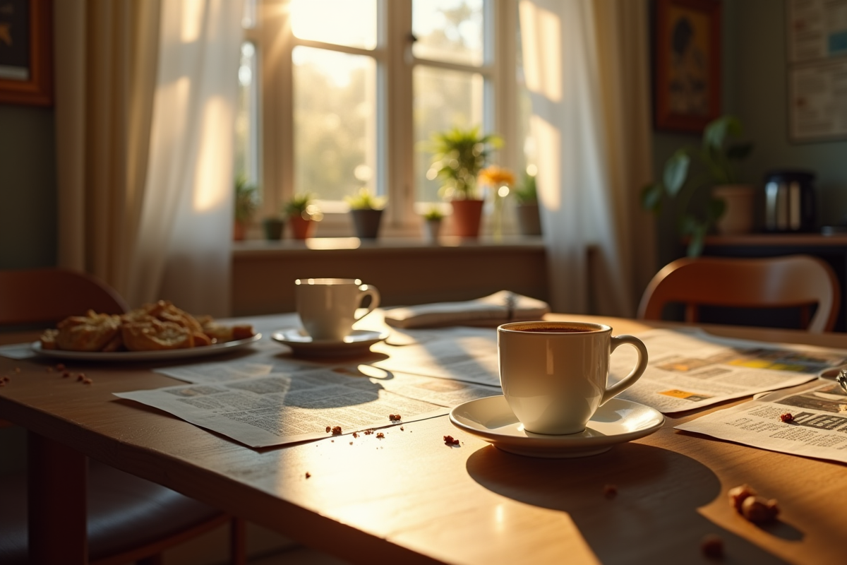 Petit déjeuner inachevé sur une table en cuisine ensoleillée