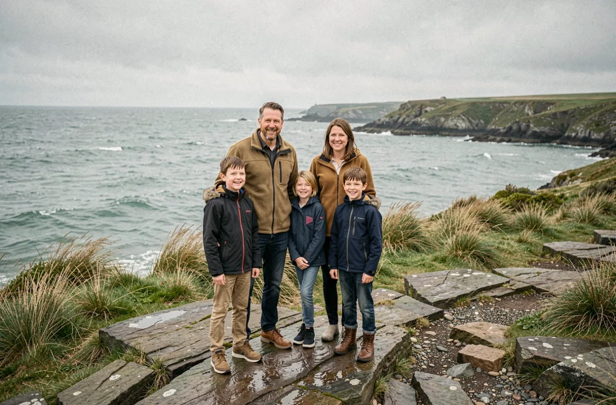 Famille en séance photo souvenir sur le littoral rocheux près de l'île Tristan à Douarnenez