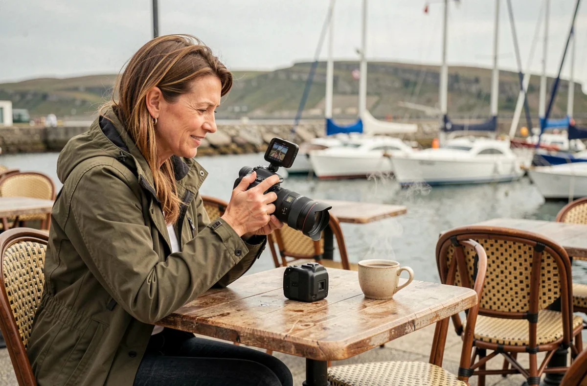 Photographe professionnelle consultant ses photos en terrasse d'un café du port de Douarnenez
