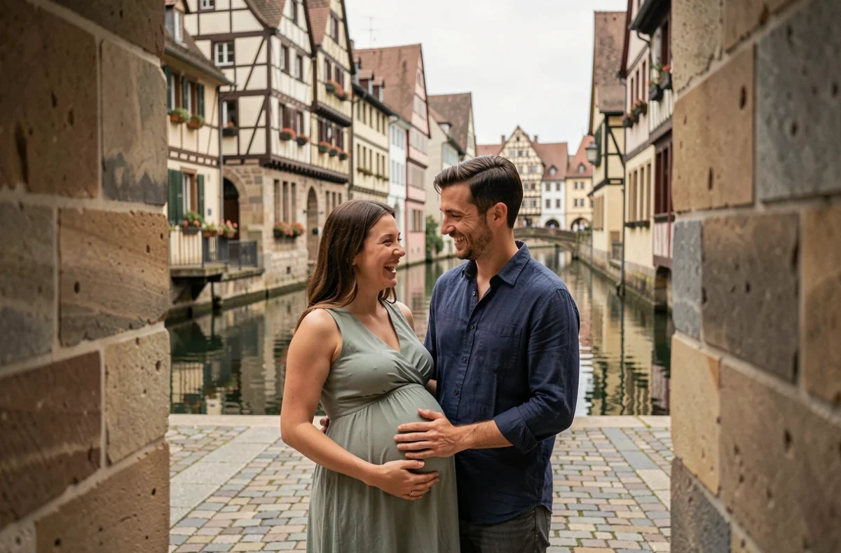 Couple attendant un bébé photographié dans le quartier Petite France à Strasbourg lors d'une séance grossesse