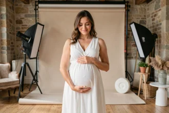 Femme enceinte en robe blanche posant dans un studio photo parisien spécialisé en photographie de grossesse