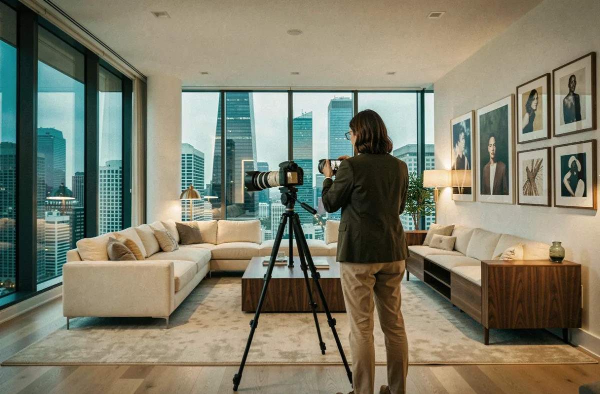 Photographe immobilière de luxe capturant un penthouse moderne avec vue sur la skyline urbaine pour une annonce haut de gamme