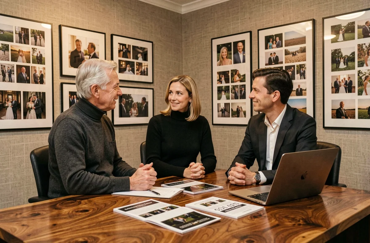 Photographe de luxe discutant de ses tarifs et prestations avec un couple de clients dans un bureau de consultation élégant