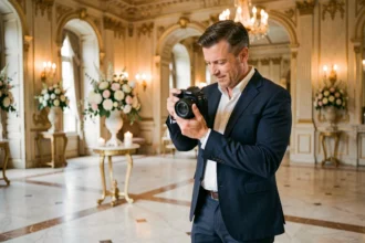 Photographe professionnel de luxe en costume marine révisant ses photos lors d'une réception de mariage dans un grand salon parisien doré