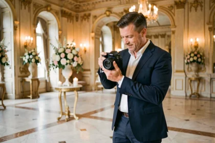 Photographe professionnel de luxe en costume marine révisant ses photos lors d'une réception de mariage dans un grand salon parisien doré