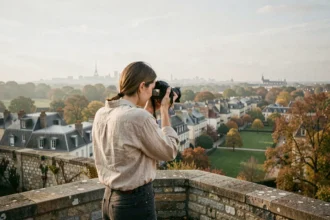 Photographe femme qui ajuste son appareil photo sur les hauteurs de Meudon avec vue panoramique sur la ville