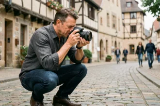 Photographe professionnel en train de cadrer une prise de vue dans les rues historiques de Molsheim en Alsace