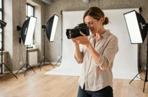 Photographe professionnelle à Nantes consultant son appareil photo en studio