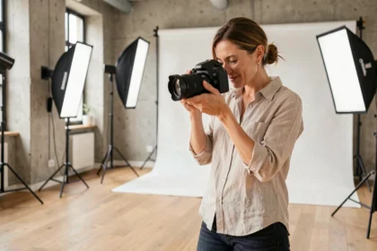 Photographe professionnelle à Nantes consultant son appareil photo en studio