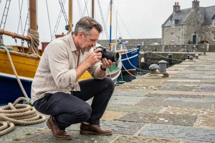 Photographe professionnel sur le quai de Douarnenez réglant son appareil photo face aux bateaux de pêche bretons