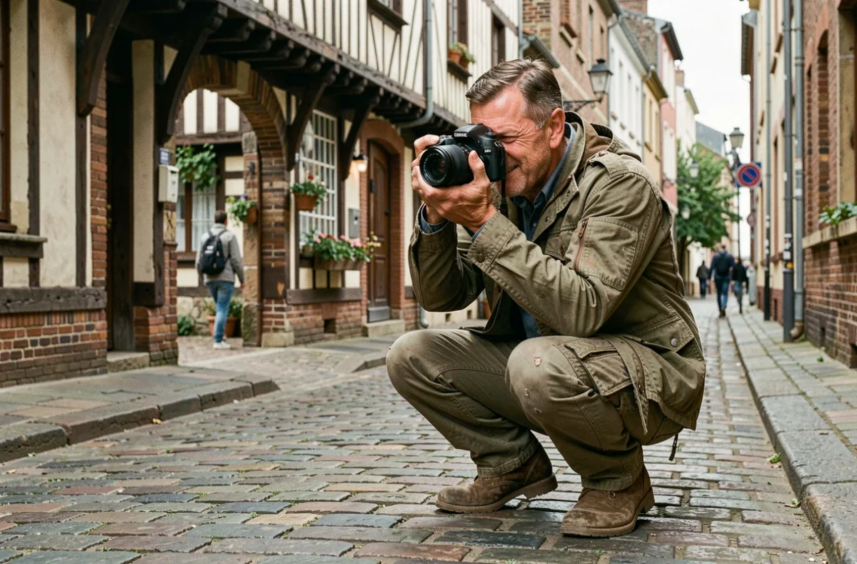 Photographe en reportage dans les rues historiques du quartier Bouffay à Nantes