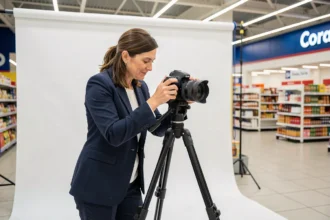 Photographe professionnelle dans son studio photo au centre commercial Cora de Massy, ajustant son appareil photo sur trépied