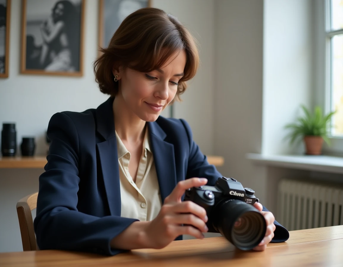 Photographe féminine dans son studio à Molsheim analysant des photos sur son appareil photo professionnel