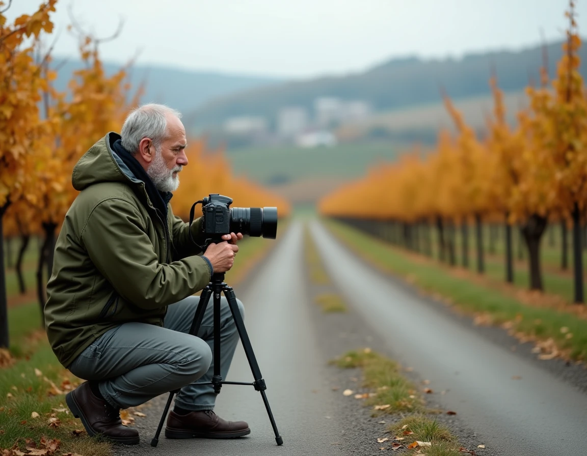 Photographe installant son trépied au bord des vignes à Molsheim pour une prise de vue en Alsace