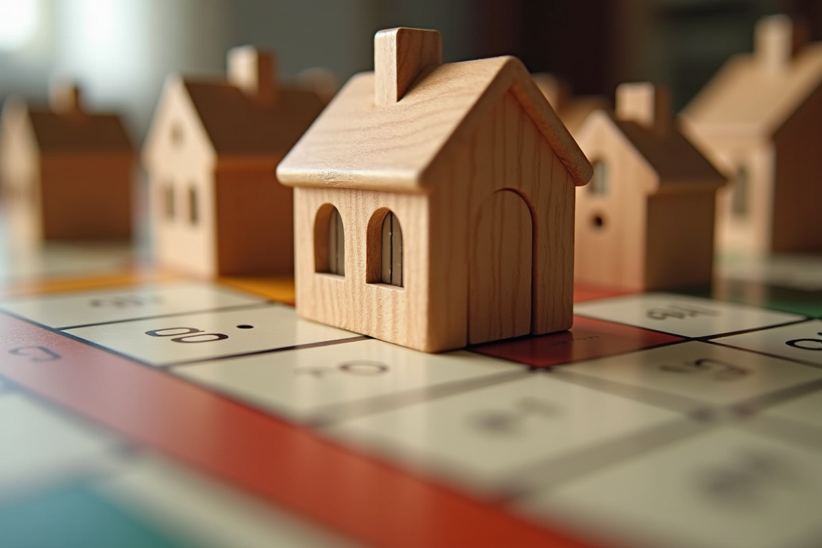 Zoom sur un plateau de Monopoly en bois avec jetons et maisons