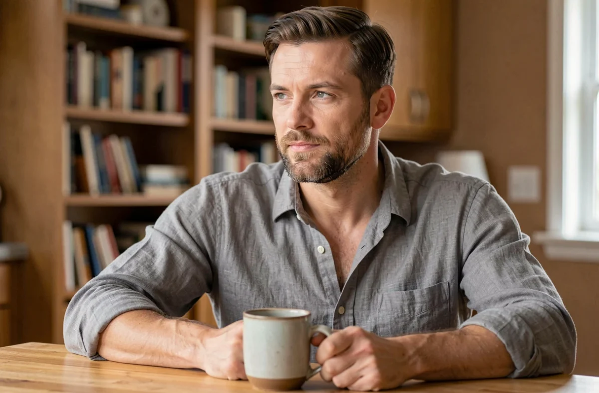 Homme en chemise de lin gris dans un intérieur chaleureux, portrait intime à la maison