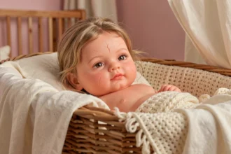 Poupée reborn fille très réaliste posée dans un berceau en osier avec couverture tricotée crème, détails de peau en silicone et cheveux mohair