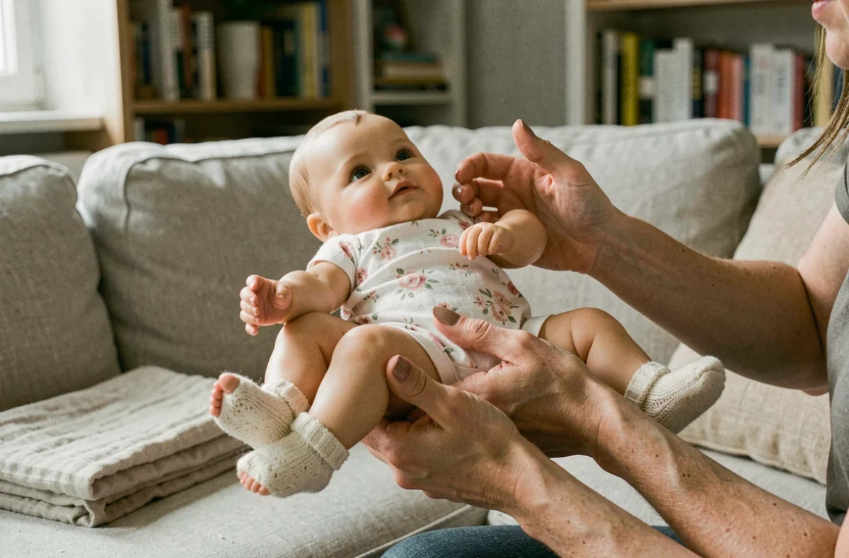 Poupée reborn fille réaliste tenue dans les bras d'une adulte, vêtue d'une grenouillère fleurie et de chaussons tricotés, ambiance salon familial