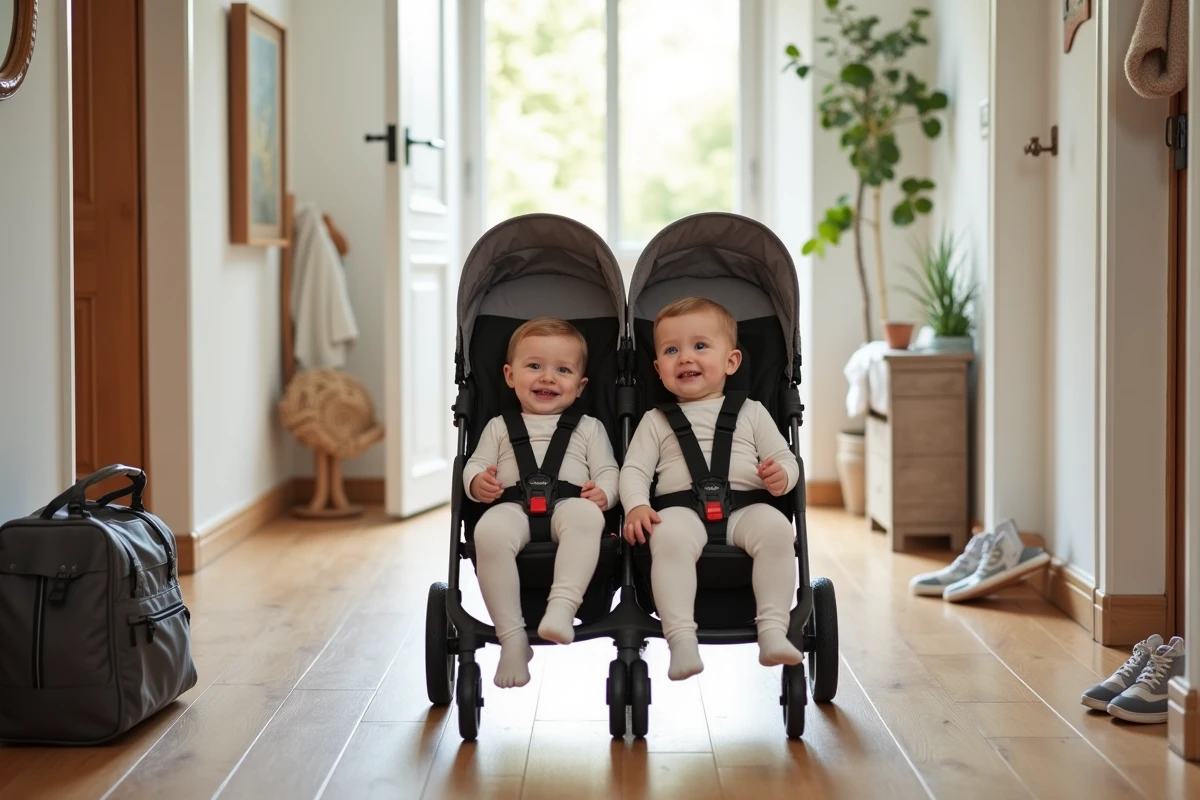 Deux jeunes enfants assis dans une poussette 4 en 1 convertible dans l'entrée d'une maison moderne
