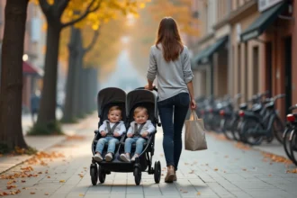 Mère poussant une poussette double 4 en 1 pour jumeaux sur un trottoir urbain en automne