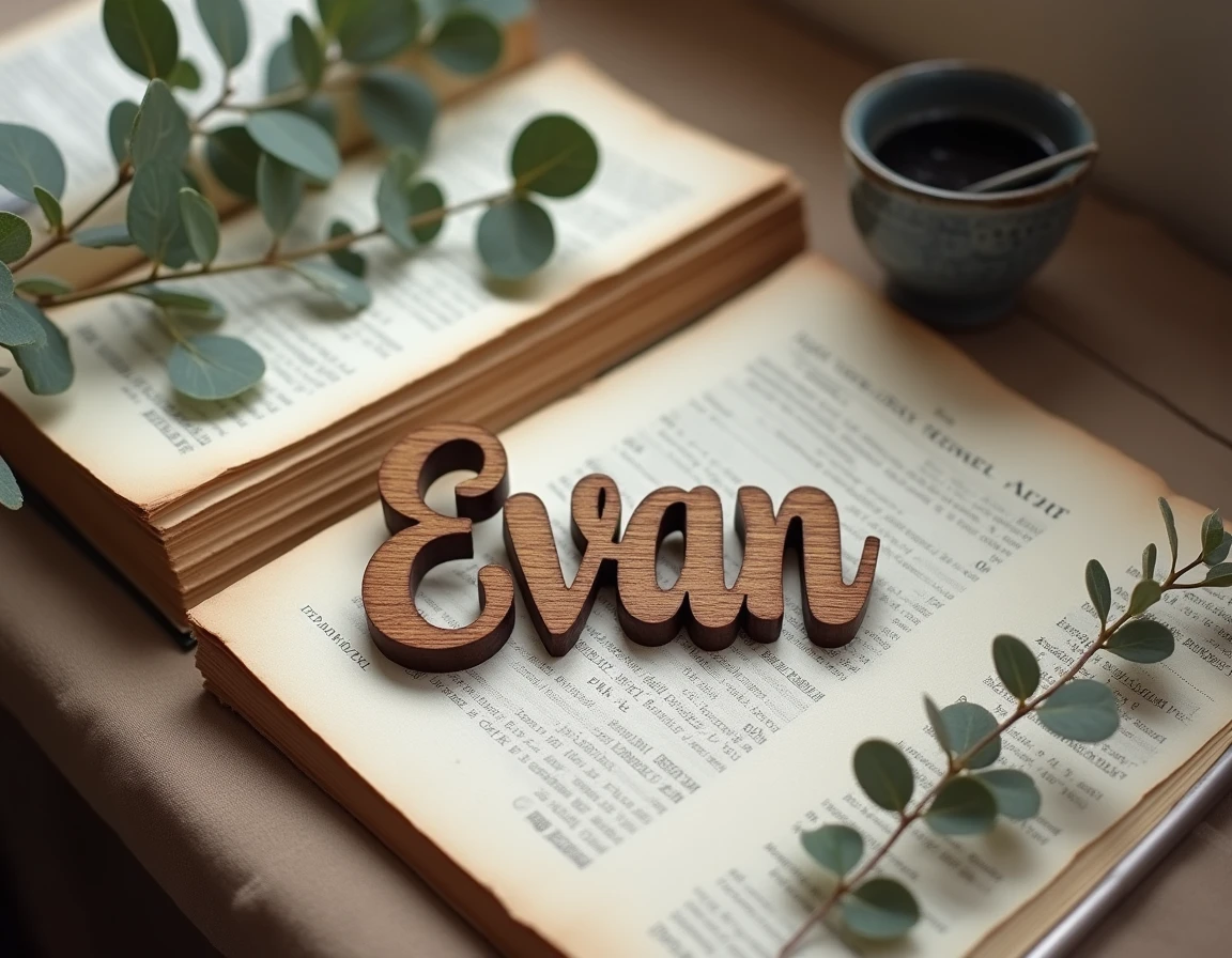 Prénom Evan gravé sur une étiquette en bois rustique, mise en scène éditoriale avec dictionnaire vintage et eucalyptus séché