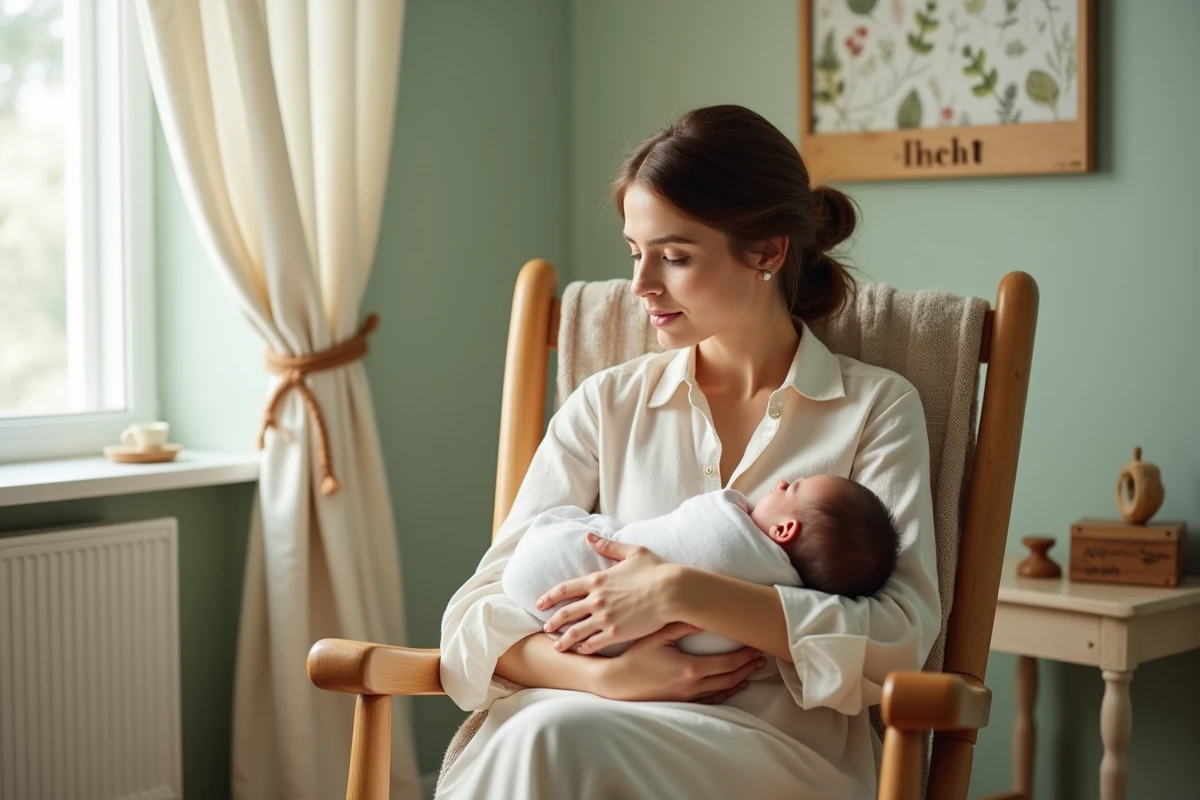Jeune mère française tenant son nouveau-né prénommé Noah dans une chambre de bébé décorée avec une plaque en bois portant le prénom